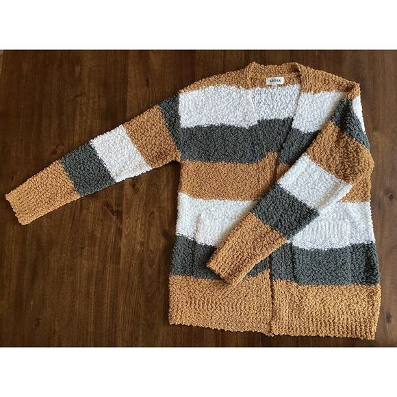 Adora Super Soft Striped Popcorn Puff Cardigan Sweater Gold Gray White Sz Medium - Picture 2 of 11
